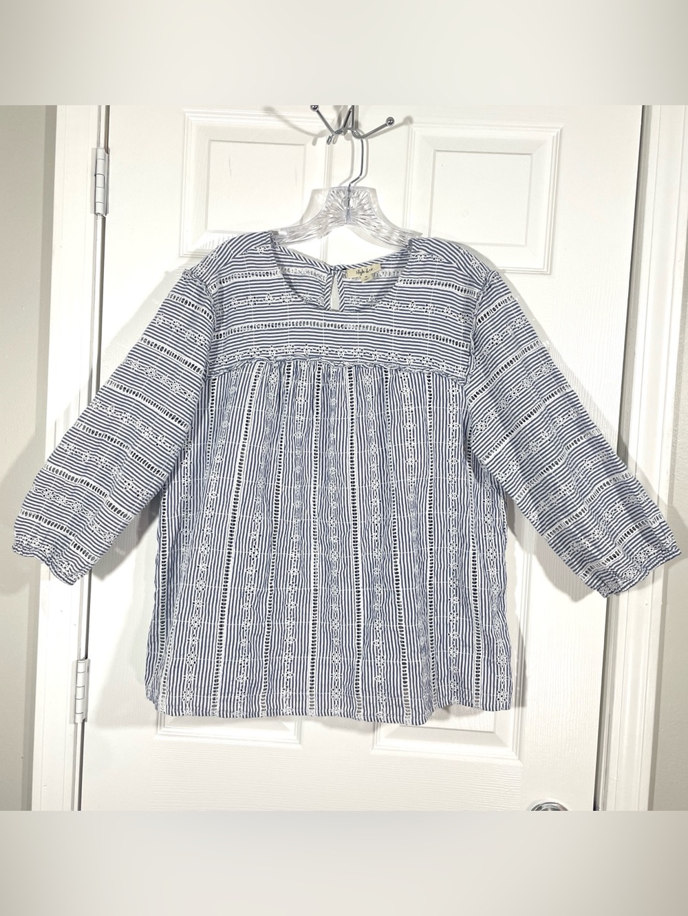 Style & Co Blue White Embroidered Stripe Boho Blouse XL
